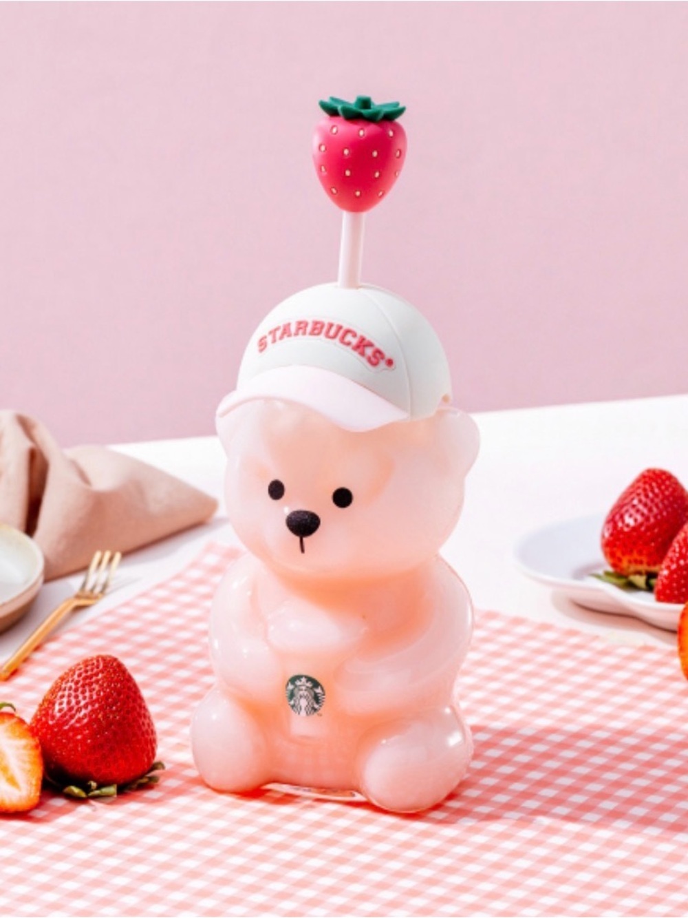 2026 New Starbucks Bearista Bear Cup Tumblers Strawberry Topper Baseball cap